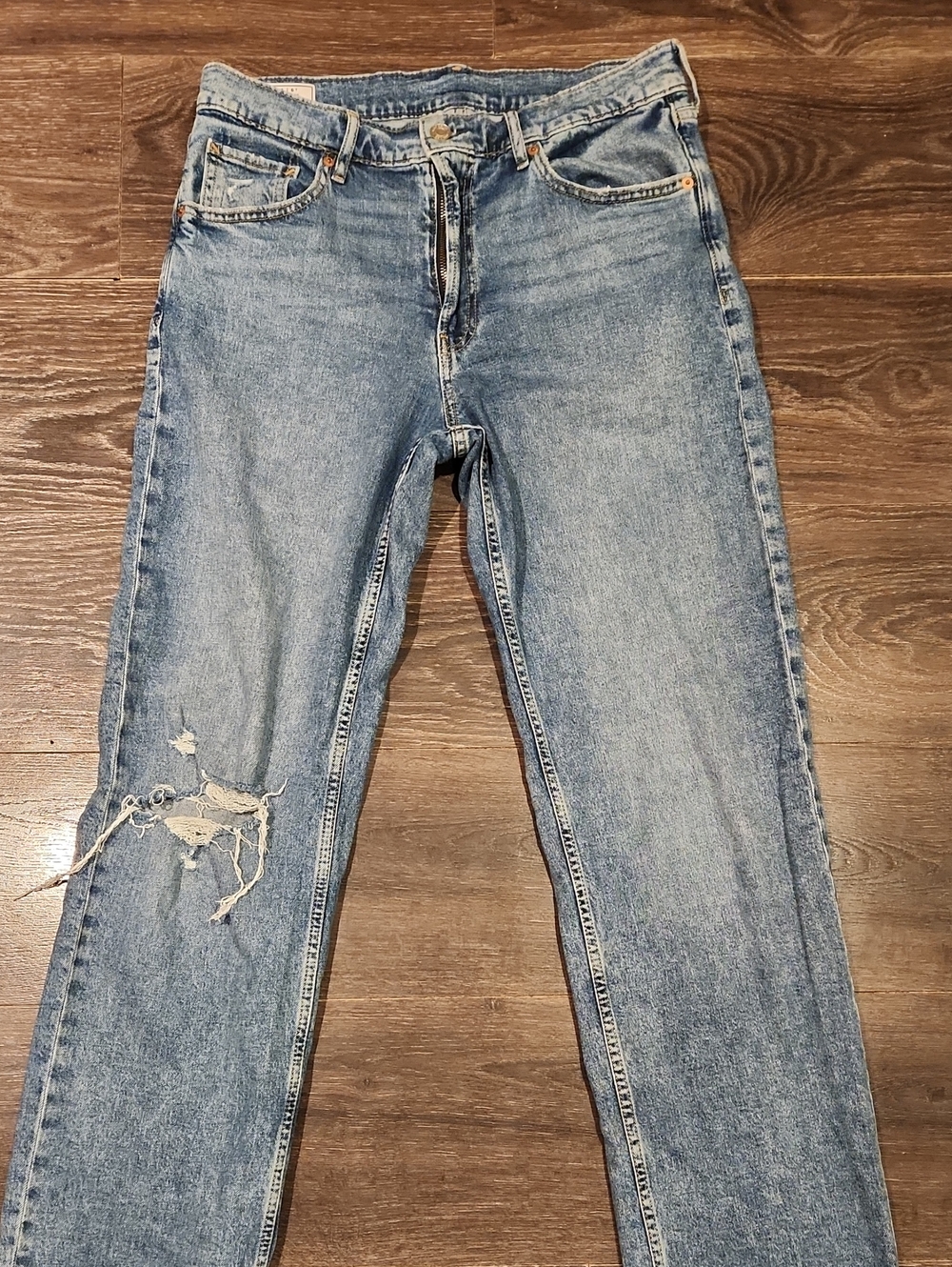Women's Blue Straight-Leg Distressed Jeans - Picture 3 of 9
